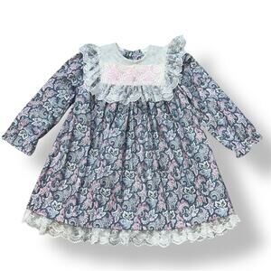 Vintage Peaches ‘n Cream Gray Pink Paisley Ruffle Dress Size 4